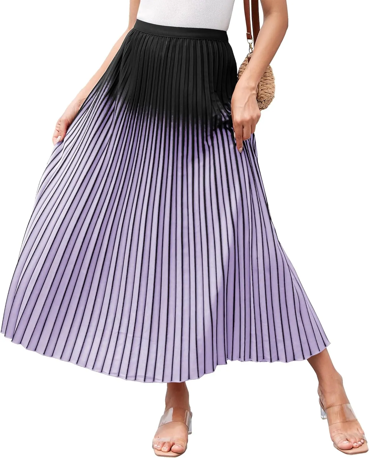 Women Gradient Color Casual A-Line Pleated Maxi Skirt Elastic High Waist Flowy Long Skirts