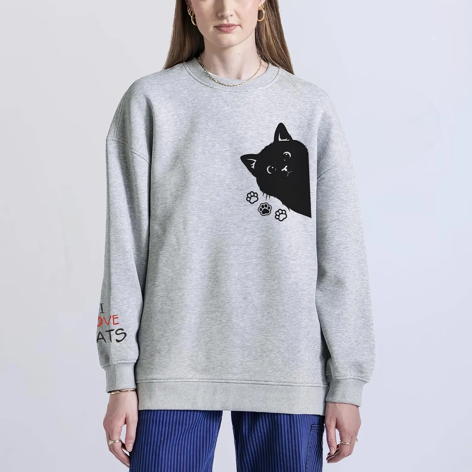 Women Graphic Cat Embroidery Crewneck Sweatshirts Funny Claws Pullover Tops Cat Lovers
