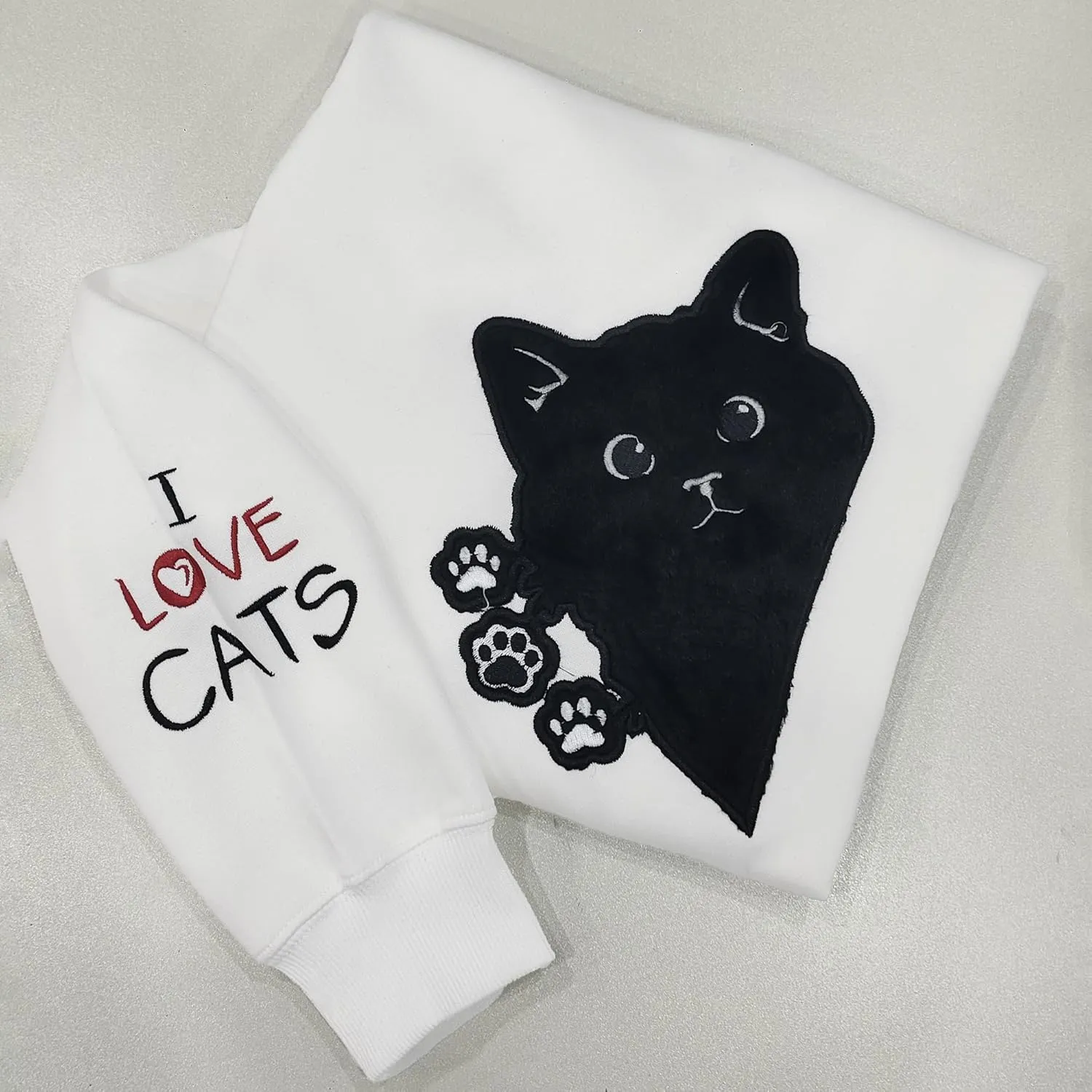 Women Graphic Cat Embroidery Crewneck Sweatshirts Funny Claws Pullover Tops Cat Lovers