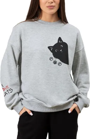 Women Graphic Cat Embroidery Crewneck Sweatshirts Funny Claws Pullover Tops Cat Lovers