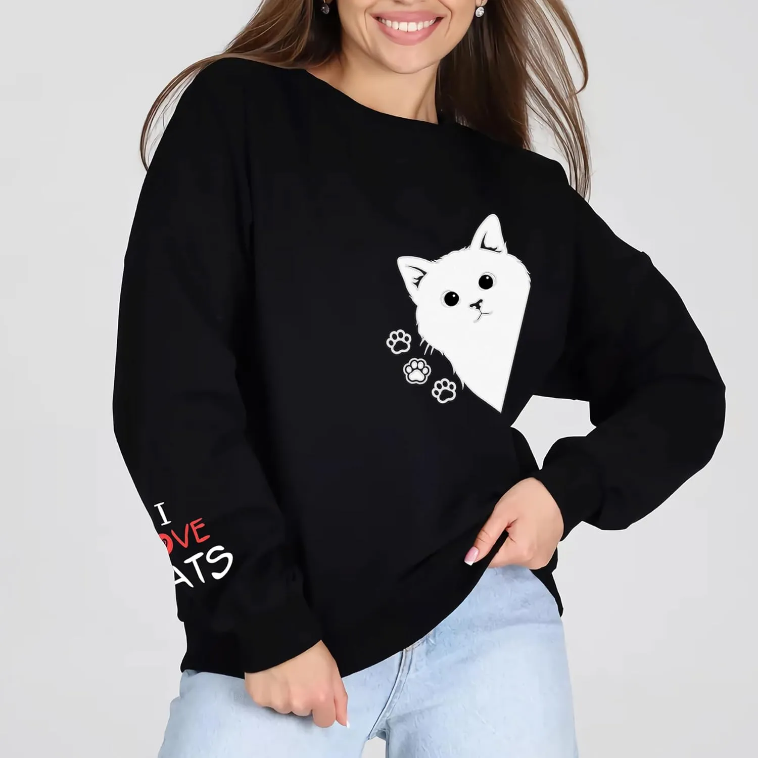 Women Graphic Cat Embroidery Crewneck Sweatshirts Funny Claws Pullover Tops Cat Lovers