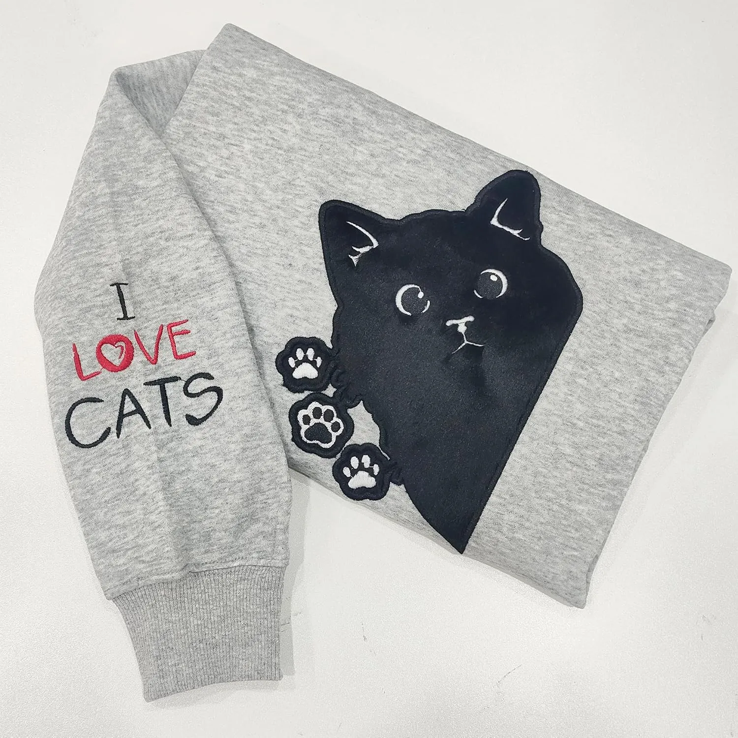 Women Graphic Cat Embroidery Crewneck Sweatshirts Funny Claws Pullover Tops Cat Lovers