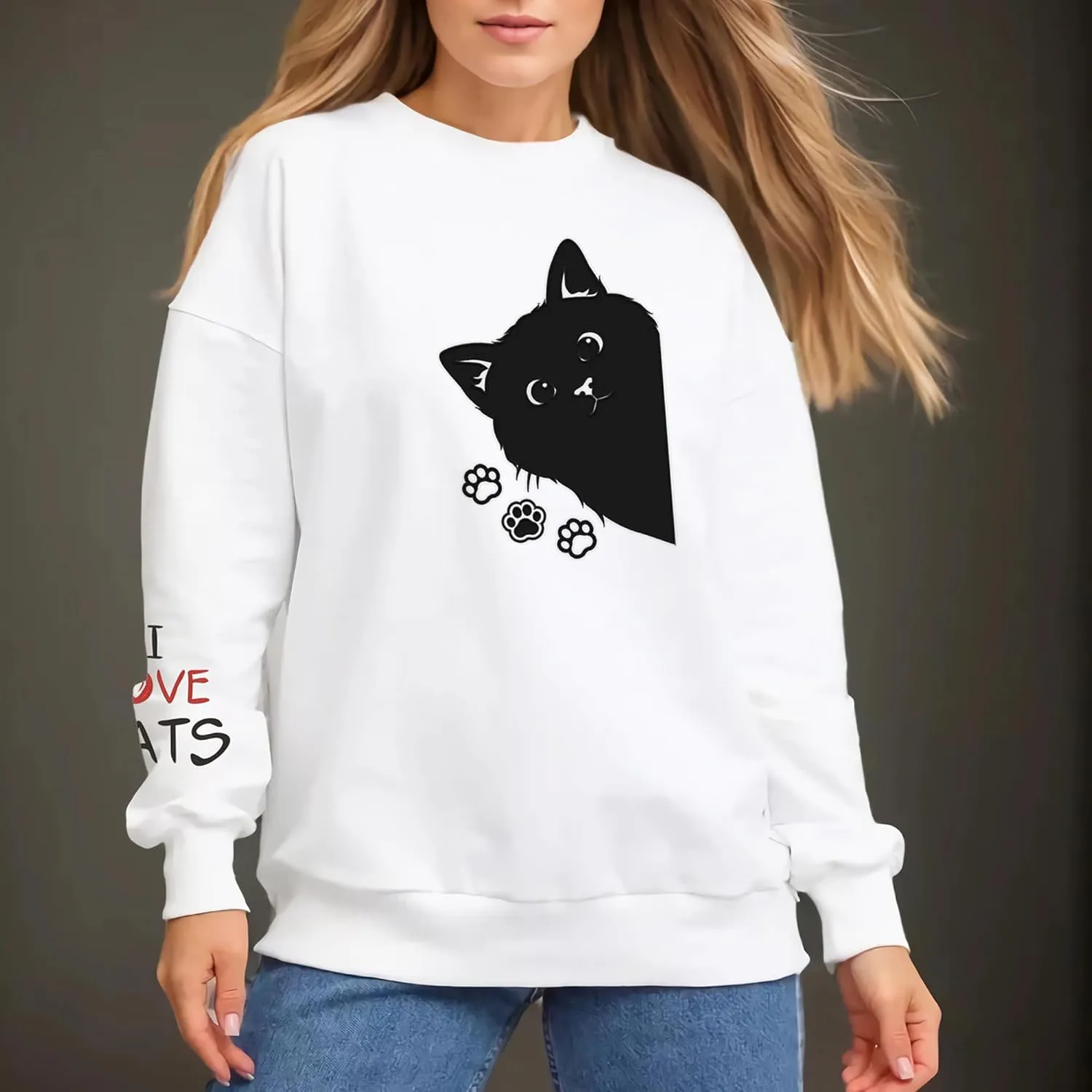 Women Graphic Cat Embroidery Crewneck Sweatshirts Funny Claws Pullover Tops Cat Lovers