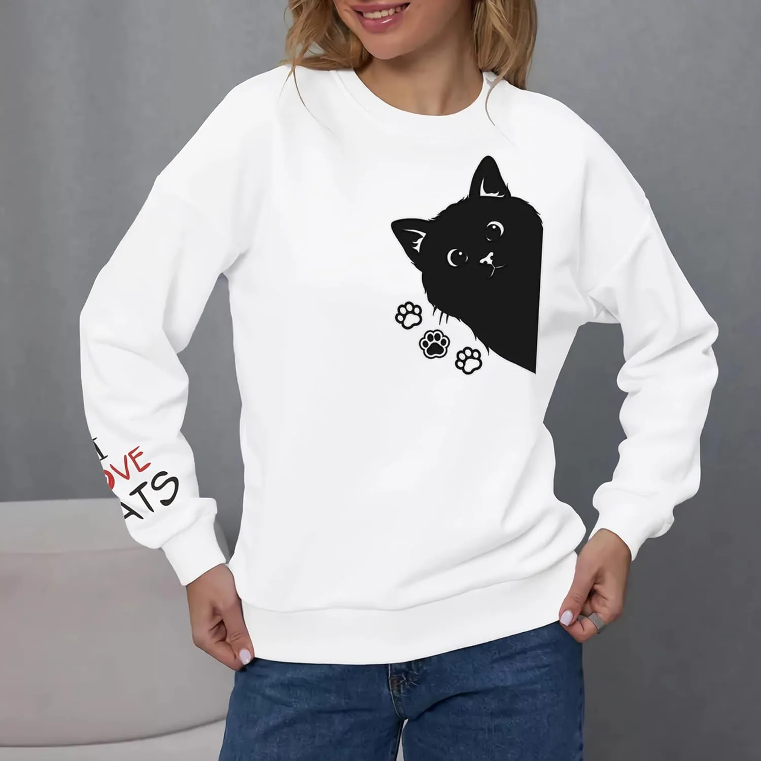 Women Graphic Cat Embroidery Crewneck Sweatshirts Funny Claws Pullover Tops Cat Lovers