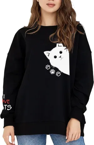 Women Graphic Cat Embroidery Crewneck Sweatshirts Funny Claws Pullover Tops Cat Lovers
