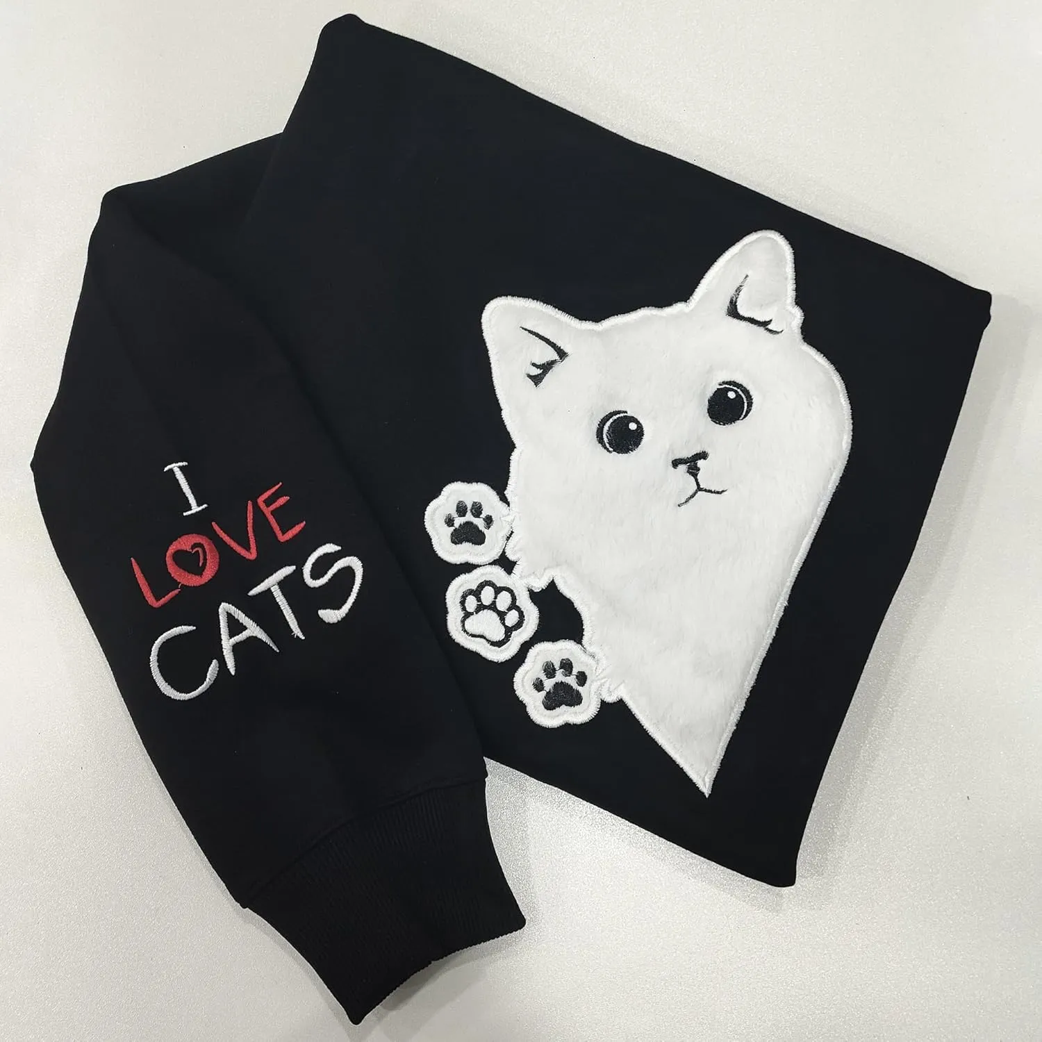 Women Graphic Cat Embroidery Crewneck Sweatshirts Funny Claws Pullover Tops Cat Lovers