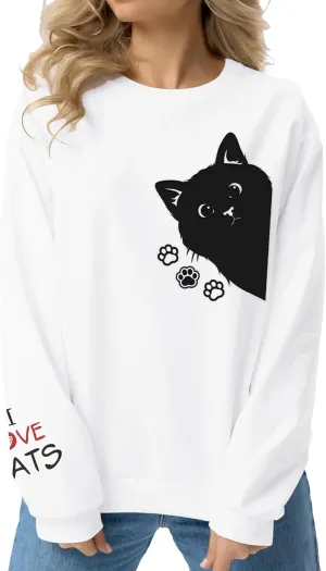 Women Graphic Cat Embroidery Crewneck Sweatshirts Funny Claws Pullover Tops Cat Lovers