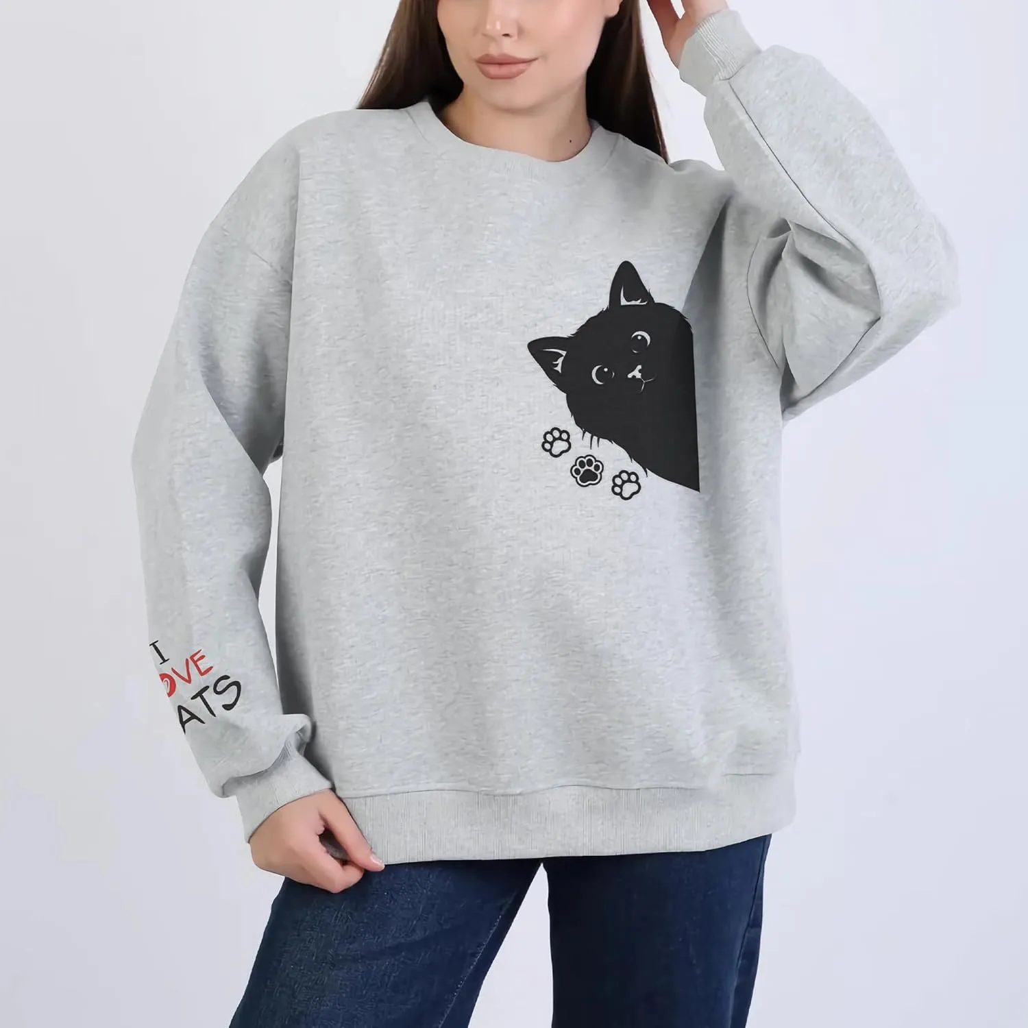 Women Graphic Cat Embroidery Crewneck Sweatshirts Funny Claws Pullover Tops Cat Lovers