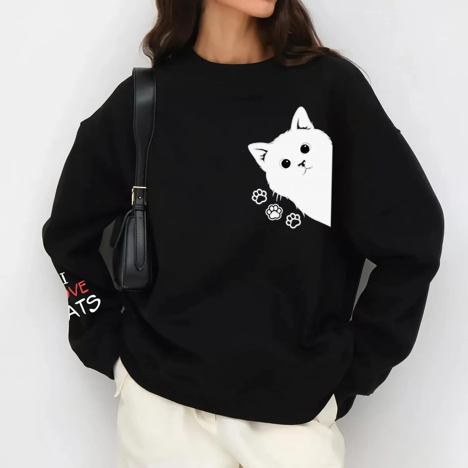 Women Graphic Cat Embroidery Crewneck Sweatshirts Funny Claws Pullover Tops Cat Lovers
