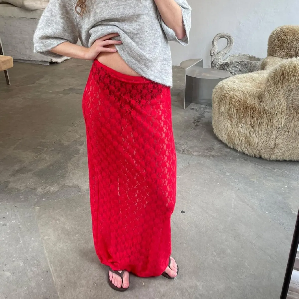 Women Lace Maxi Skirts Y2k High Waist Sheer Mesh Long Skirt Boho See Through Slim Fit Midi Skirt Streetwear