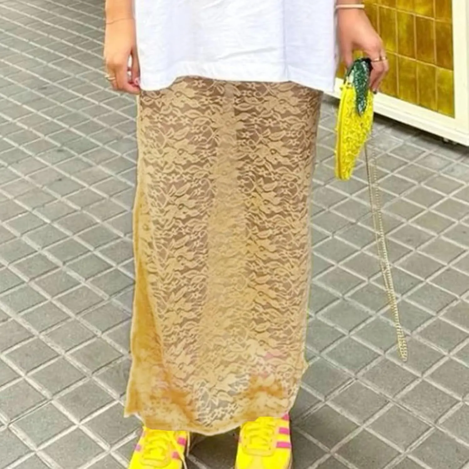 Women Lace Maxi Skirts Y2k High Waist Sheer Mesh Long Skirt Boho See Through Slim Fit Midi Skirt Streetwear