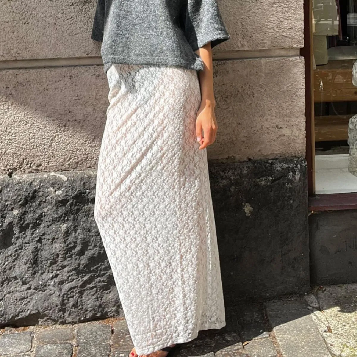 Women Lace Maxi Skirts Y2k High Waist Sheer Mesh Long Skirt Boho See Through Slim Fit Midi Skirt Streetwear