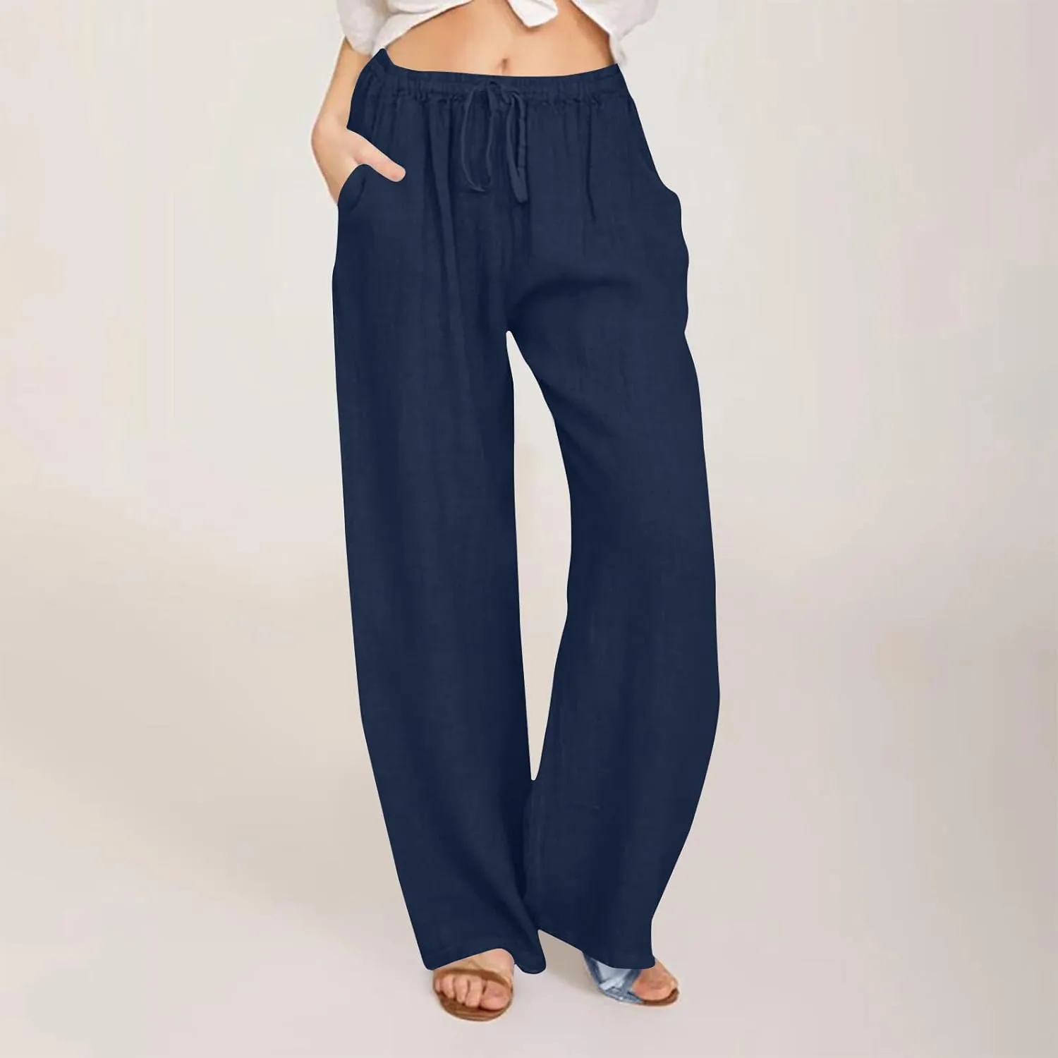 Women Linen Palazzo Pants 2025 Summer High Waisted Wide Leg Lounge Pant Drawstrings Beach Travel Trousers with Pocket