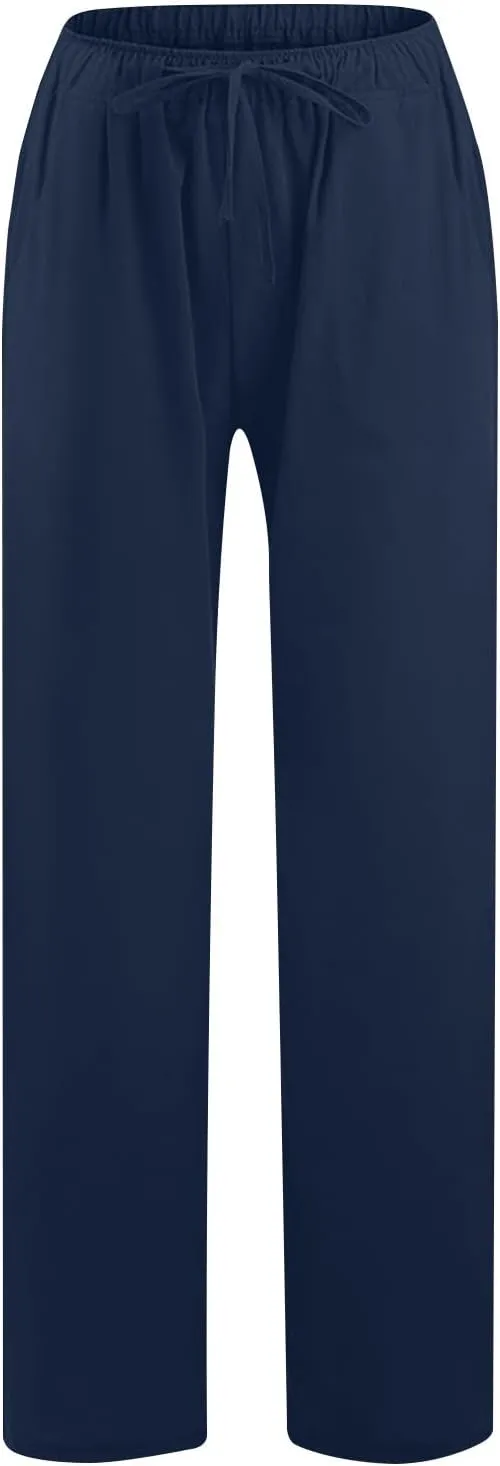 Women Linen Palazzo Pants 2025 Summer High Waisted Wide Leg Lounge Pant Drawstrings Beach Travel Trousers with Pocket