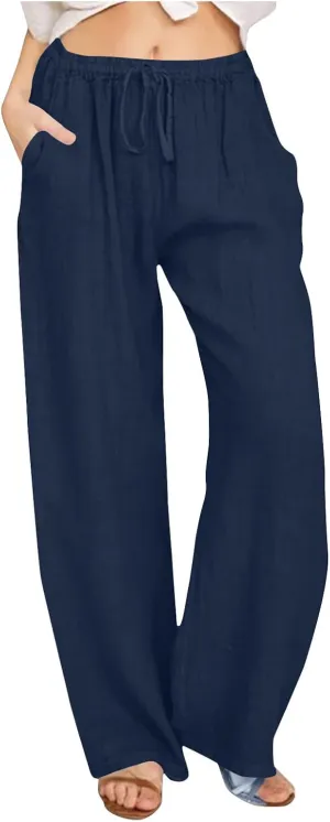 Women Linen Palazzo Pants 2025 Summer High Waisted Wide Leg Lounge Pant Drawstrings Beach Travel Trousers with Pocket