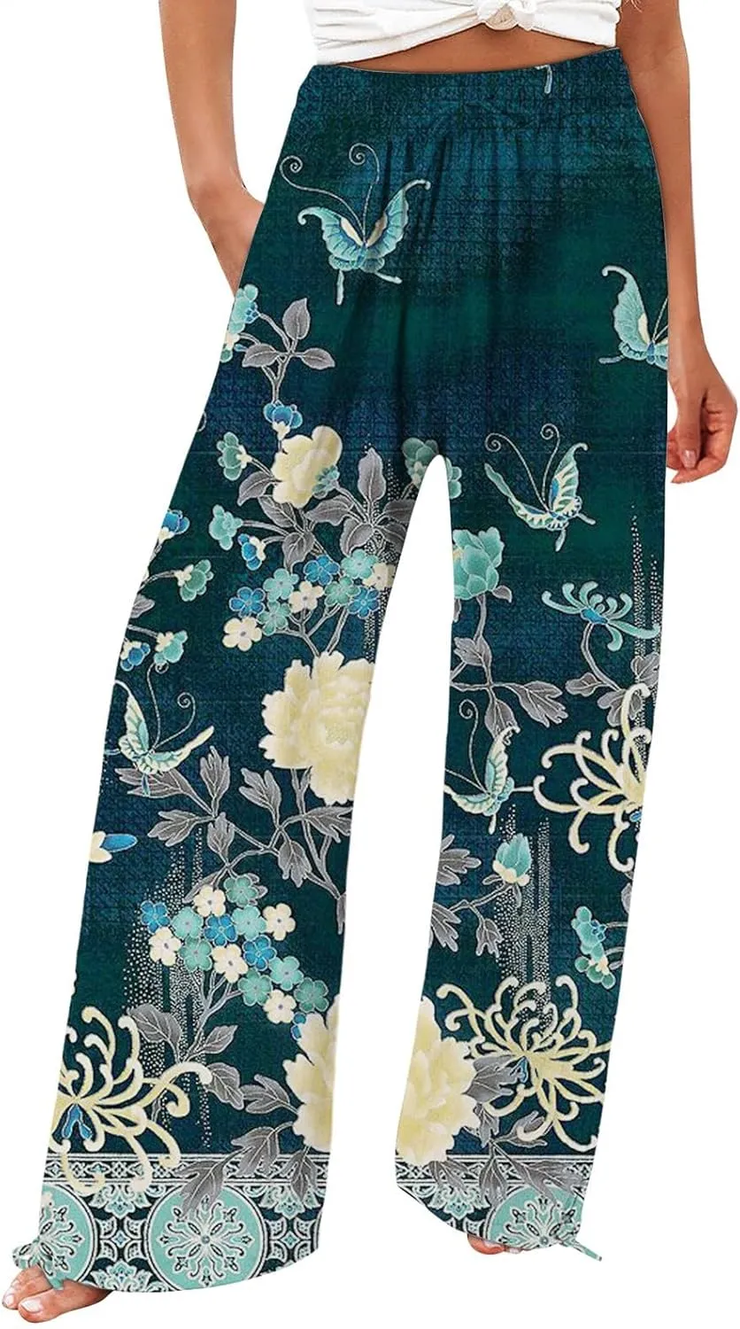 Women Linen Palazzo Pants High Waist Summer Casual Retro Printed Wide Leg Pants Flowy Drawstring Yoga Beach Trousers