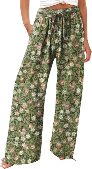 Women Linen Palazzo Pants High Waist Summer Casual Retro Printed Wide Leg Pants Flowy Drawstring Yoga Beach Trousers