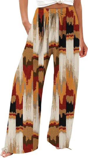 Women Linen Palazzo Pants High Waist Summer Casual Retro Printed Wide Leg Pants Flowy Drawstring Yoga Beach Trousers