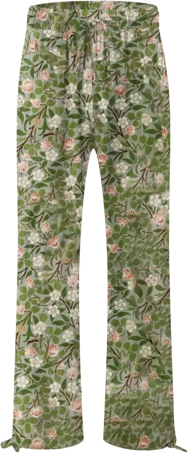Women Linen Palazzo Pants High Waist Summer Casual Retro Printed Wide Leg Pants Flowy Drawstring Yoga Beach Trousers
