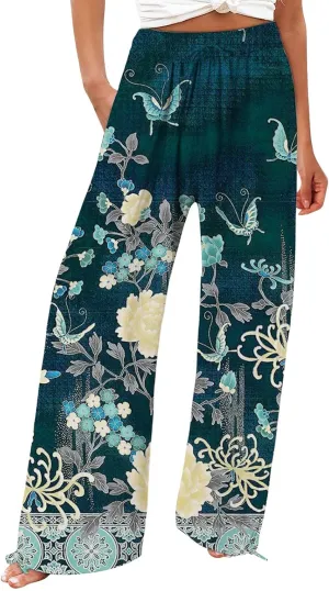 Women Linen Palazzo Pants High Waist Summer Casual Retro Printed Wide Leg Pants Flowy Drawstring Yoga Beach Trousers