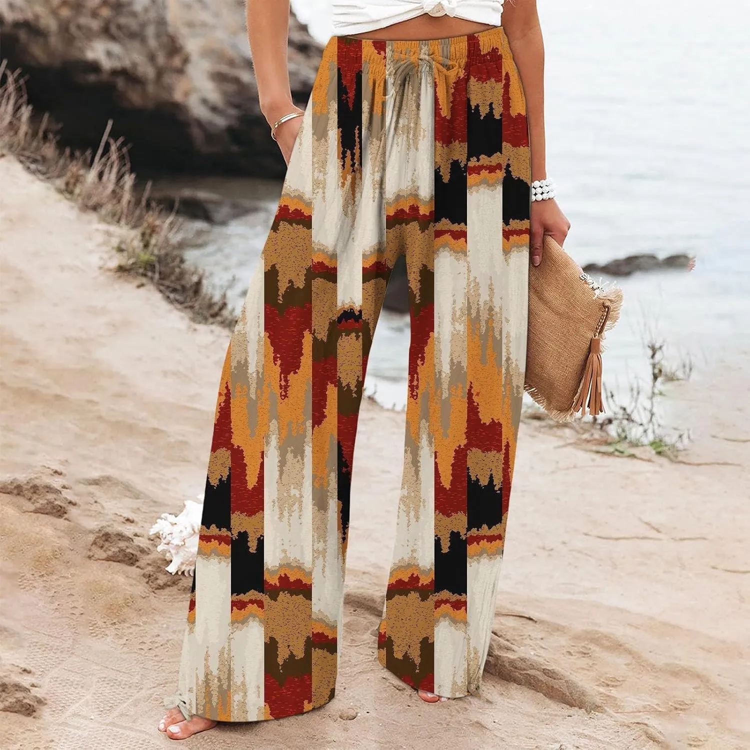 Women Linen Palazzo Pants High Waist Summer Casual Retro Printed Wide Leg Pants Flowy Drawstring Yoga Beach Trousers