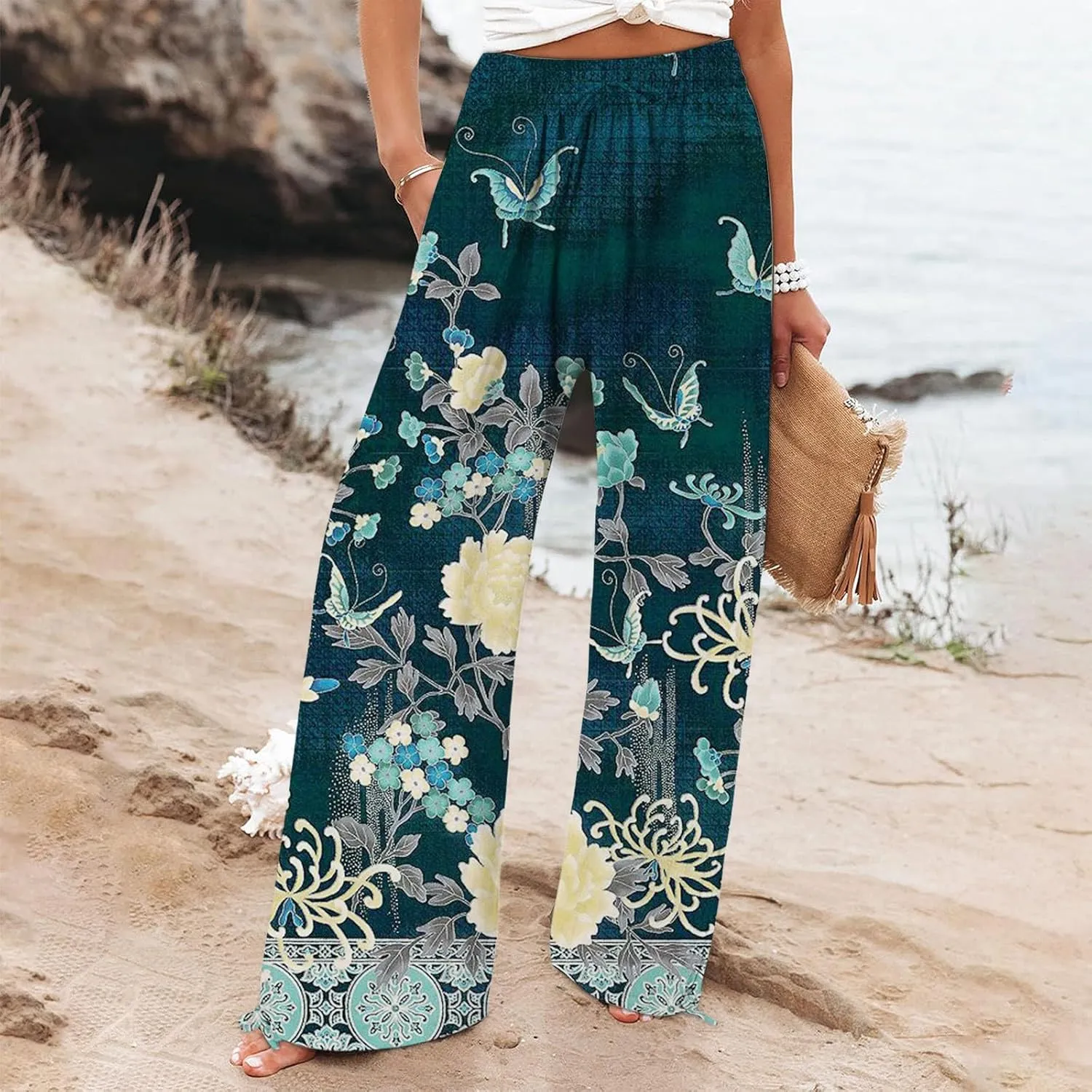 Women Linen Palazzo Pants High Waist Summer Casual Retro Printed Wide Leg Pants Flowy Drawstring Yoga Beach Trousers