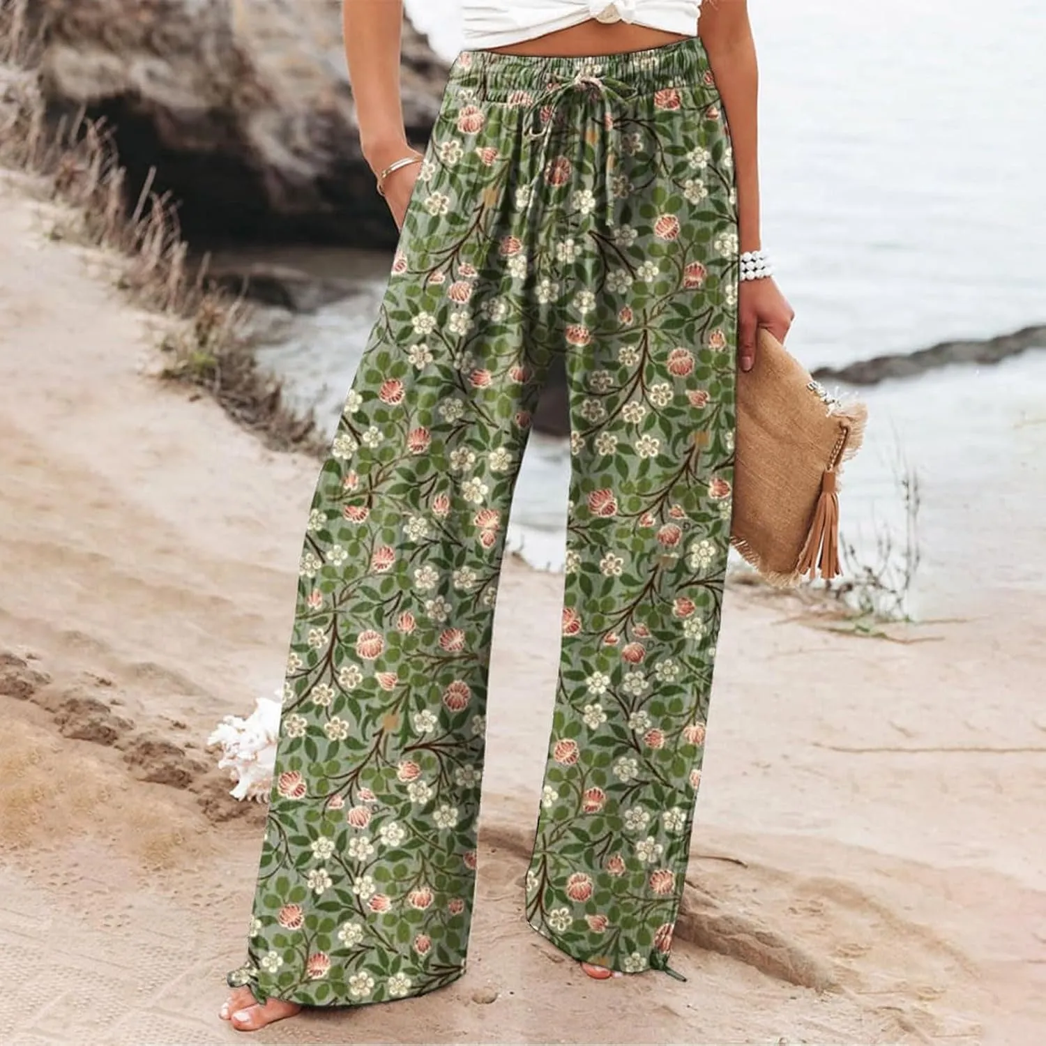 Women Linen Palazzo Pants High Waist Summer Casual Retro Printed Wide Leg Pants Flowy Drawstring Yoga Beach Trousers