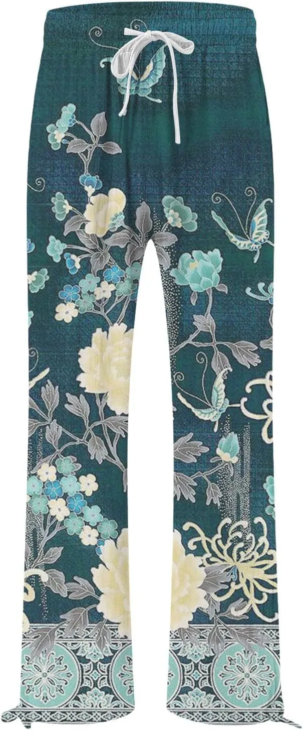 Women Linen Palazzo Pants High Waist Summer Casual Retro Printed Wide Leg Pants Flowy Drawstring Yoga Beach Trousers