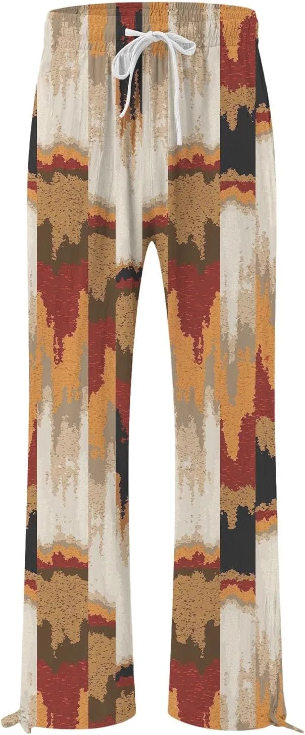Women Linen Palazzo Pants High Waist Summer Casual Retro Printed Wide Leg Pants Flowy Drawstring Yoga Beach Trousers