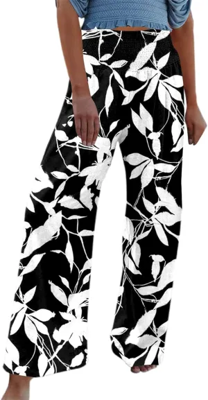 Women Linen Pants 2025 Summer Casual Loose Wide Leg Palazzo Pants Smocked High Waist Flowy Beach Trousers