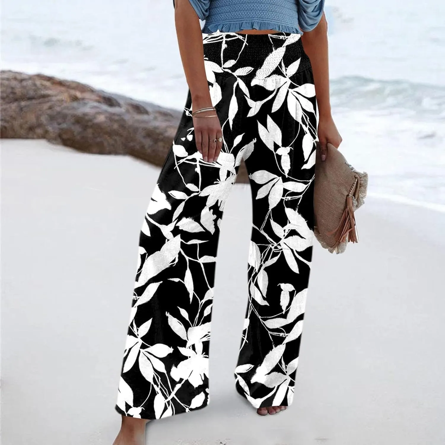 Women Linen Pants 2025 Summer Casual Loose Wide Leg Palazzo Pants Smocked High Waist Flowy Beach Trousers