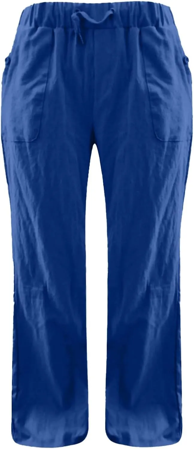 Women Linen Pants Pants Summer Wide Leg Solid Casual Linen Drawstring Cropped with Pockets Lounge