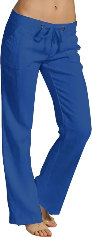 Women Linen Pants Pants Summer Wide Leg Solid Casual Linen Drawstring Cropped with Pockets Lounge