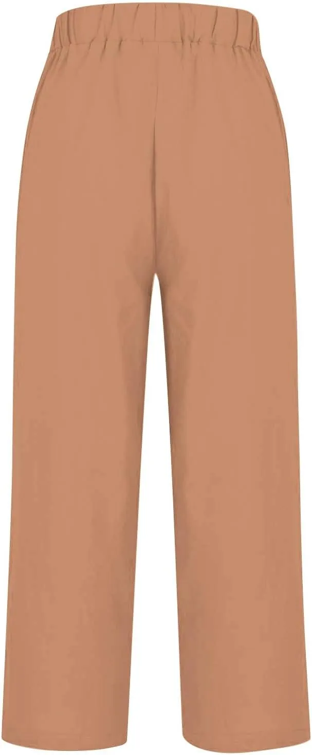 Women Linen Pants Solid Elastic Pants Long Drawstring Linen Women Waist Cotton Casual Pants Casual Button Up Flowy