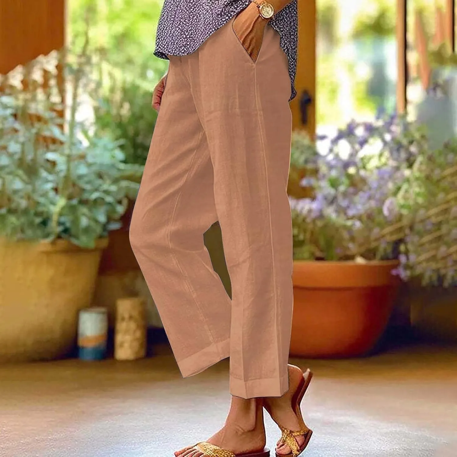 Women Linen Pants Solid Elastic Pants Long Drawstring Linen Women Waist Cotton Casual Pants Casual Button Up Flowy