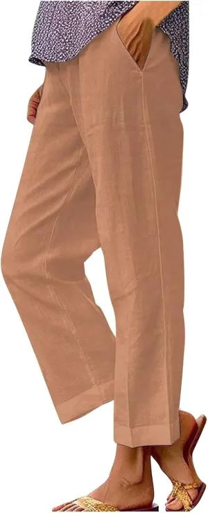 Women Linen Pants Solid Elastic Pants Long Drawstring Linen Women Waist Cotton Casual Pants Casual Button Up Flowy