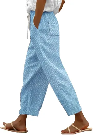 Women Linen Pants Waist Pants Drawstring Capri Pants with Pockets Wide Leg Cropped Elastic High Waist Comfy Loose