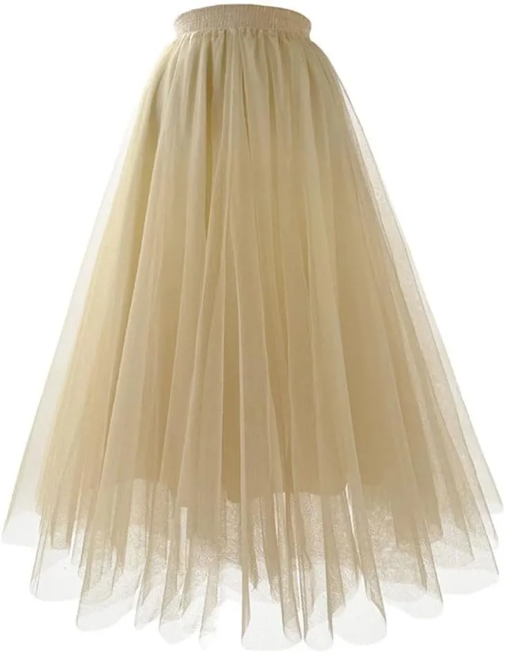 Women Pleated Skirts High Waist Floor-Length Tulle Mesh Party Casual Long Skirt