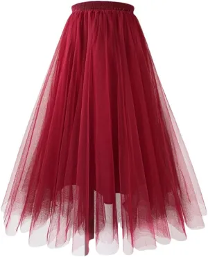 Women Pleated Skirts High Waist Floor-Length Tulle Mesh Party Casual Long Skirt