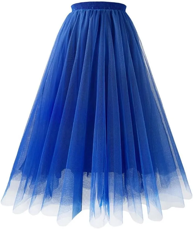 Women Pleated Skirts High Waist Floor-Length Tulle Mesh Party Casual Long Skirt