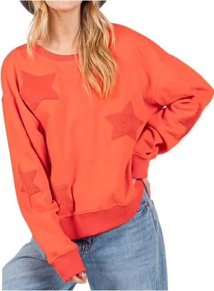 Women Preppy Star Sweatshirt Y2k Patch Graphic Oversized Tee Shirt Vintage Ribbed Long Sleeve Pullover Sweater Top