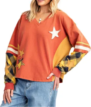 Women Preppy Star Sweatshirt Y2k Patch Graphic Oversized Tee Shirt Vintage Ribbed Long Sleeve Pullover Sweater Top