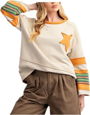 Women Preppy Star Sweatshirt Y2k Patch Graphic Oversized Tee Shirt Vintage Ribbed Long Sleeve Pullover Sweater Top