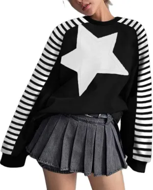 Women Preppy Star Sweatshirt Y2k Patch Graphic Oversized Tee Shirt Vintage Ribbed Long Sleeve Pullover Sweater Top