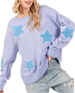 Women Preppy Star Sweatshirt Y2k Patch Graphic Oversized Tee Shirt Vintage Ribbed Long Sleeve Pullover Sweater Top