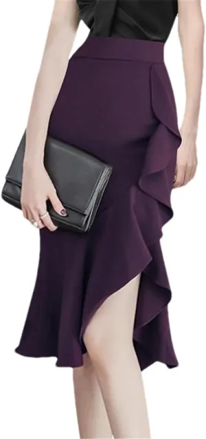 Women Ruffle Midi Skirt High Waist Asymmetrial Slit Sexy Skinny Step Pencil Skirts