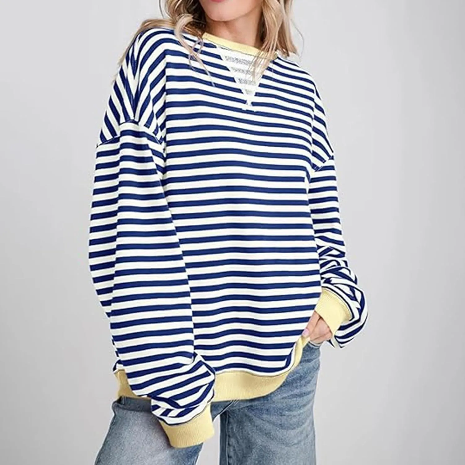 Women Striped Oversized Sweatshirt Long Sleeve Crewneck Hoodies Shirts 2024 Fall Pullover Top Trendy Preppy Clothes