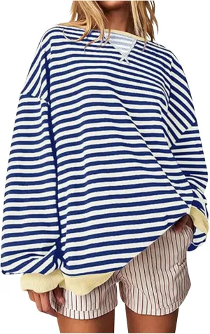 Women Striped Oversized Sweatshirt Long Sleeve Crewneck Hoodies Shirts 2024 Fall Pullover Top Trendy Preppy Clothes