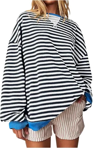 Women Striped Oversized Sweatshirt Long Sleeve Crewneck Hoodies Shirts 2024 Fall Pullover Top Trendy Preppy Clothes