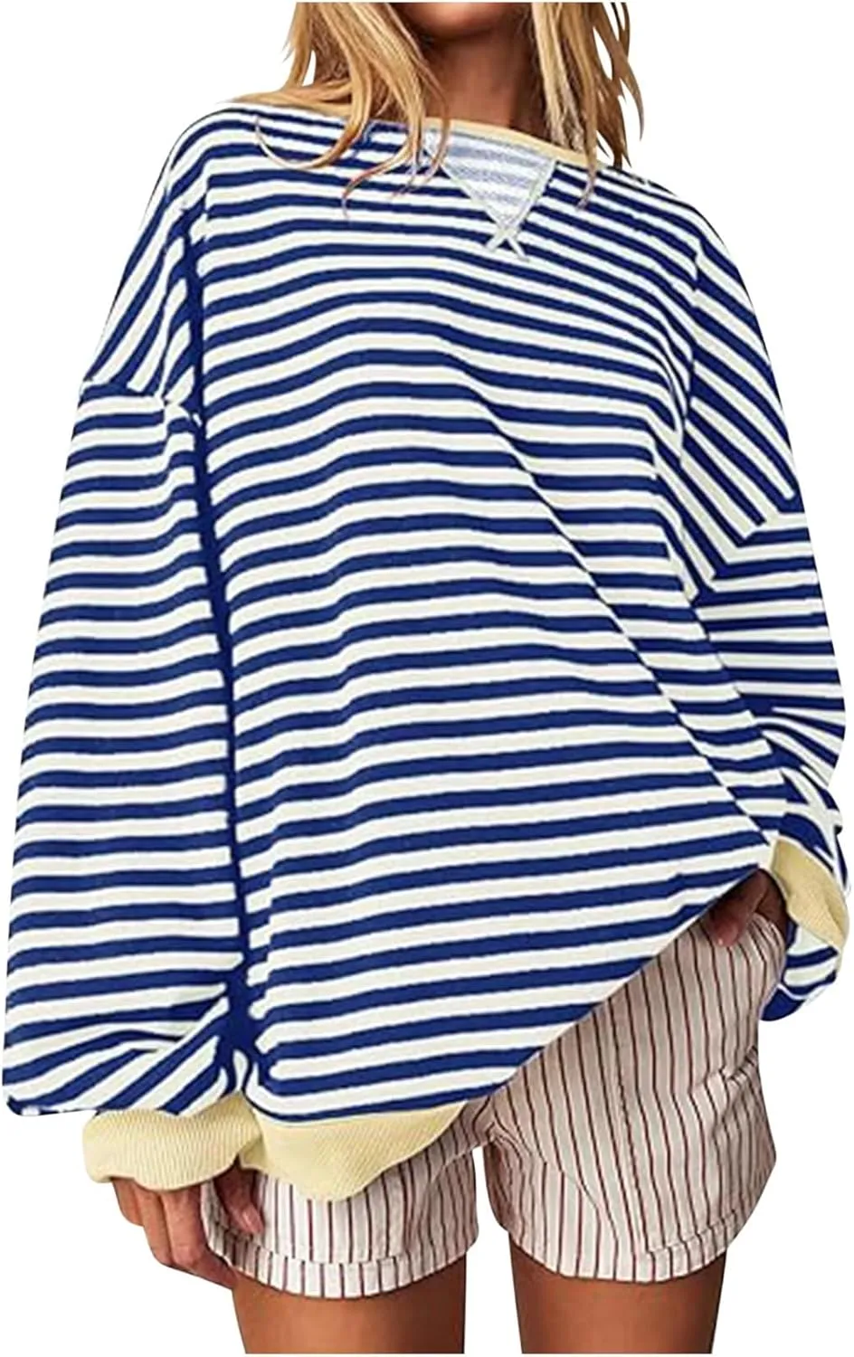 Women Striped Oversized Sweatshirt Long Sleeve Crewneck Hoodies Shirts 2024 Fall Pullover Top Trendy Preppy Clothes